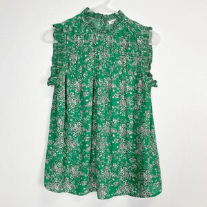 Max Studio Shirt Womens Size Medium Green Floral Ruffle Sleeve Neck Blouse